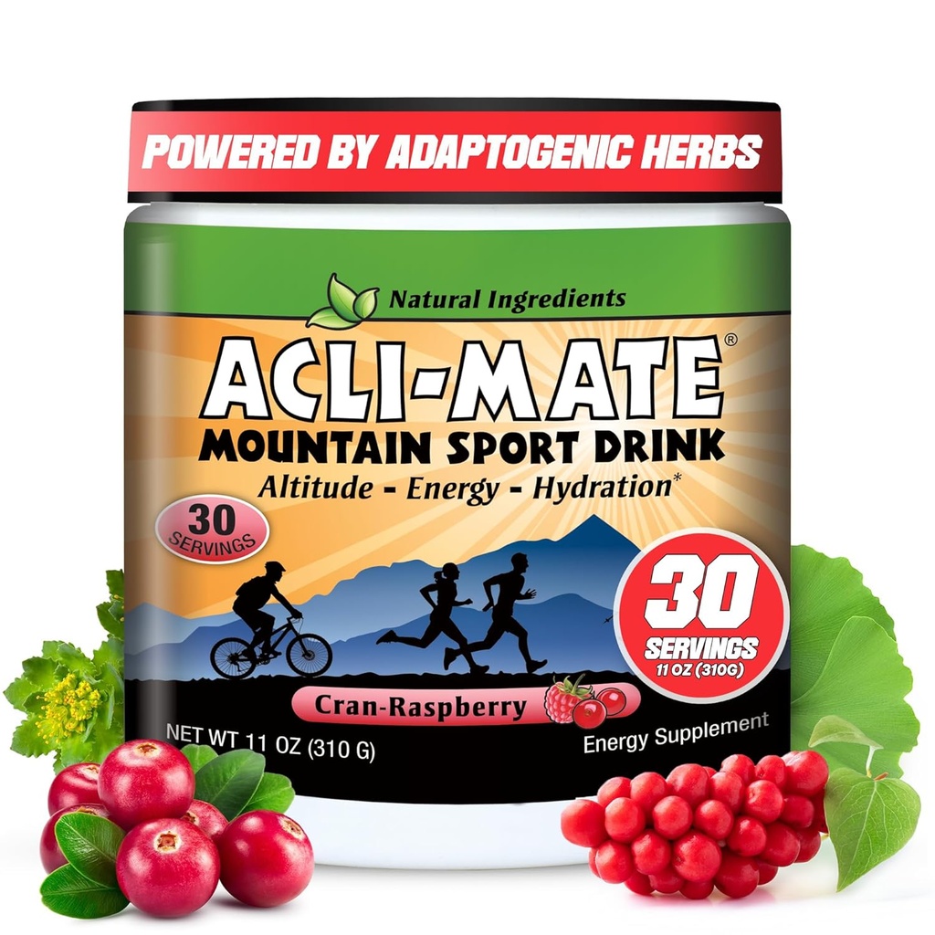 Acli-Mate Mountain Sport Drink Mix - 높은 고도 가속 전기 분말 - 에너지 분말 믹스 - 복구 Hydration Drink for running, 하이킹, 사이클링, 여행 및 기타 (1 Tub, CranRaspberry)