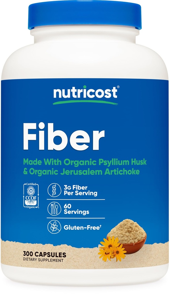 Prebiotic 섬유 보충교재 300 캡슐을 가진 Nutricost 섬유 캡슐 - 유기 Psyllium Husk & 유기 예루살렘 Artichoke, 60의 서빙, 글루텐 자유로운, 봉사 당 3개 G