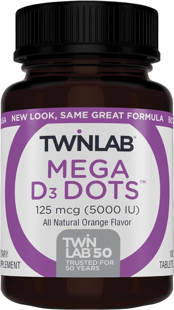 Twinlab 메가 D-3 도트 - 면역 건강과 뼈 지원을위한 비타민 D 보충 - 100 오렌지 정제, 125 mcg (5000 IU) (2 팩)