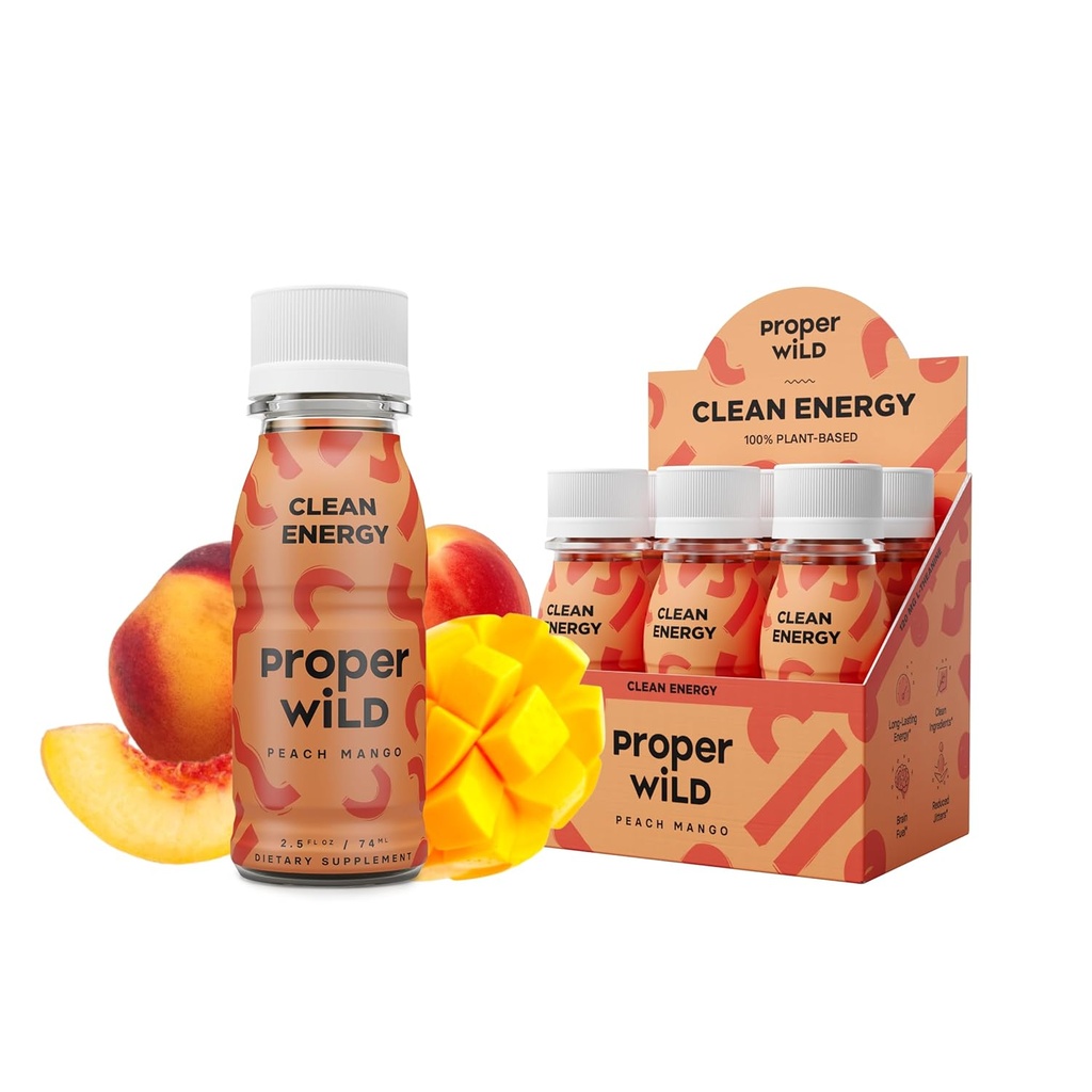 Proper Wild Vegan Energy Shot, L-Theanine 및 유기농 카페인, 클린 플랜트 기반 에너지 음료, 글루텐 프리, GMO-Free, Dairy-Free, Stevia-Free, Soy-Free, Peach Mango, 2.5 Fl Oz, 6 팩