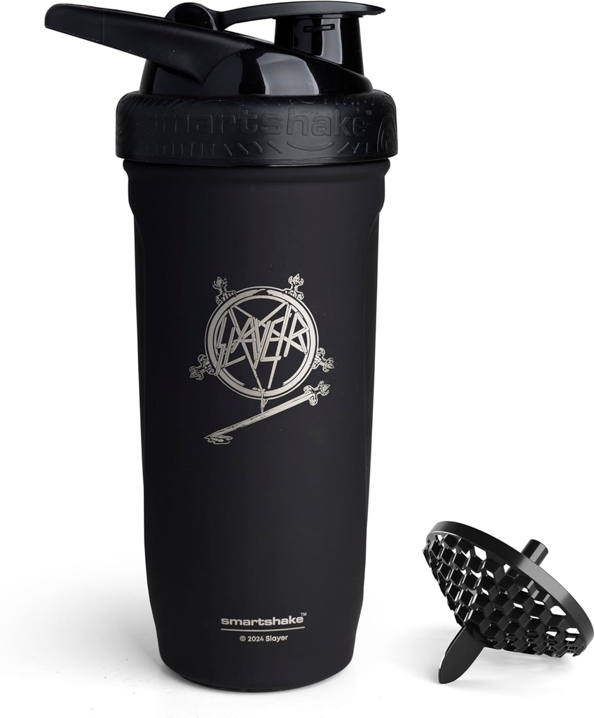 Smartshake Rockband Reforce 스테인리스 단백질 셰이커 병 900 ml | 30 oz - 누설 나사에 뚜껑 - BPA 무료 - 비 절연 - Unisex (Slayer, South of Heaven 로고)