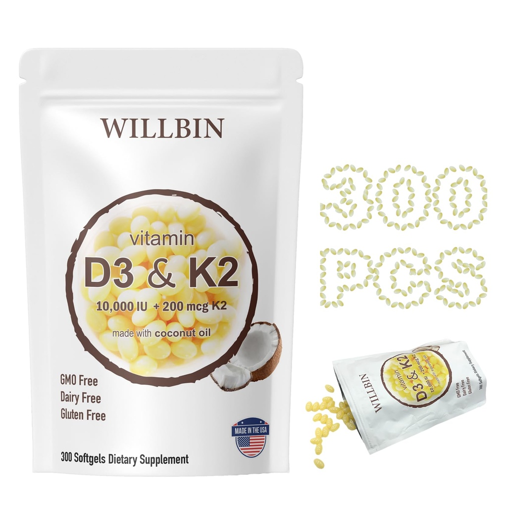 300 PC 2 1 비타민 D3 10000 iu 플러스 K2 (MK-7) 200 mcg, 비타민 D & K, 지원 뼈, 심장 & 면역 건강 - 삼키기 & 비 GMO에 쉬운