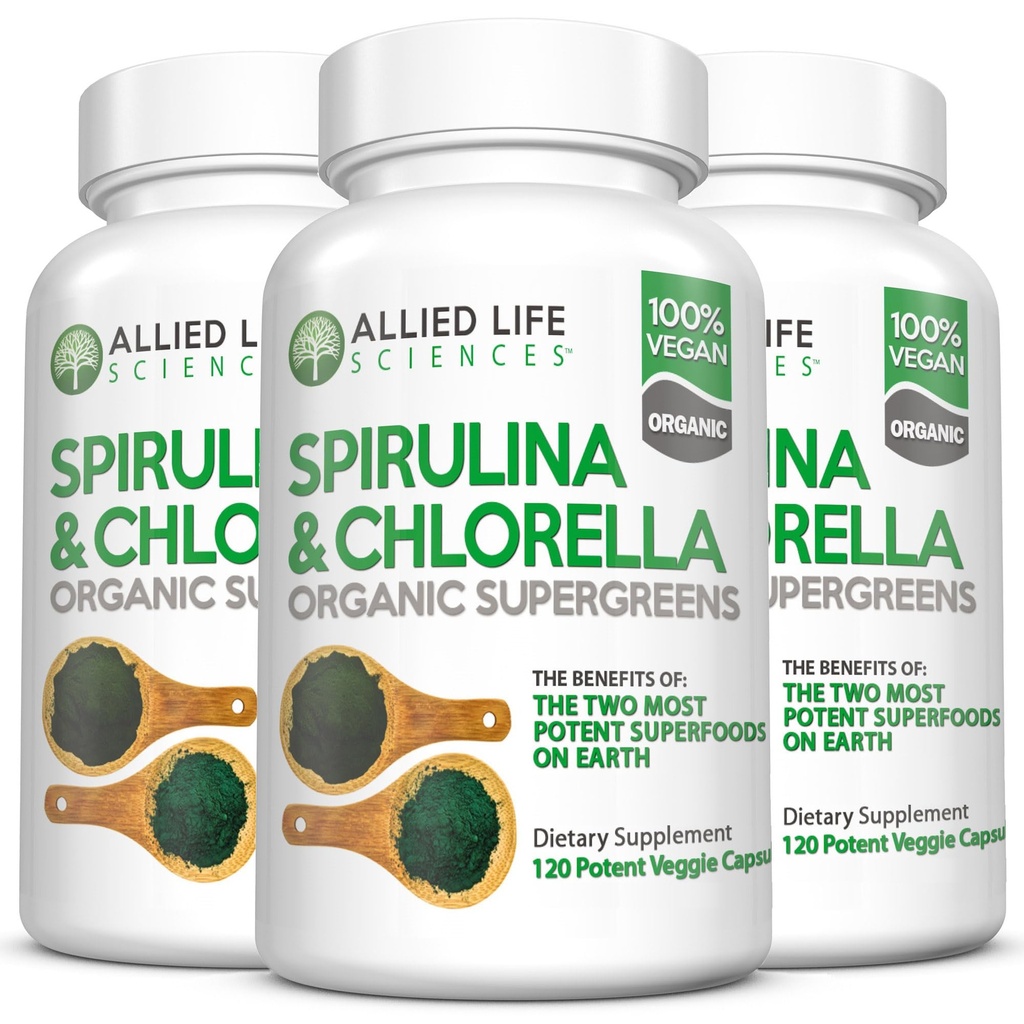 Allied Life Spirulina and Chlorella | 유기농 Chlorophyll Vegan Protein Powder Green Superfood Capsule | 천연 면역 지원(3 병 팩)