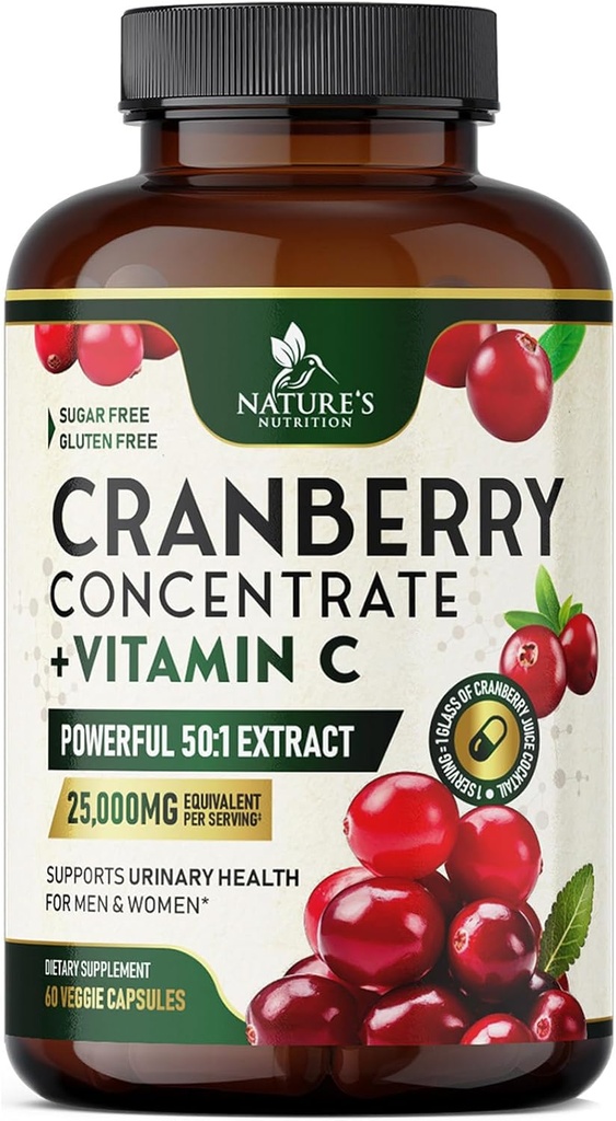 Cranberry 보충교재 알약 25,000mg - 여자 & 남자를 위한 높은 Potency 비타민 C 크랜베리, Urinary Tract 건강 지원, 설탕 자유로운, 글루텐 자유로운, 비 GMO, 크랜베리 농축물 추출물 - 60의 캡슐