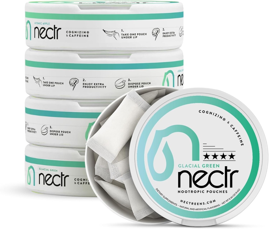 Nectr Energy Nootropic 파우치 – Cognizin® Citicoline을 가진 Glacial Green Wintergreen Caffeine 파우치. 설탕 자유로운 뇌 치료. 매끄럽고, 지속된 초점 & 에너지 보충교재 - 16pcs의 5개 Pucks