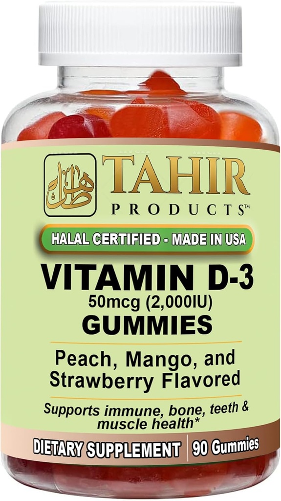 Tahir Halal 비타민 D3 2000 IU Gummies – 지원 뼈 & 면역 건강, 근육 기능을 촉진, 글루텐 자유로운, 젤라틴 자유로운, 미국에서 만드는 90의 자연적인 과일 풍미 Gummies – Halal는 증명했습니다