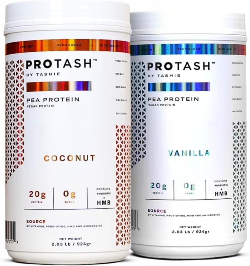 2 팩 | TASHIE, 20g Pea Protein for Men and Women, Non GMO, Zero Sugar, Contains Probiotic & HMB (Vanilla & Coconut)