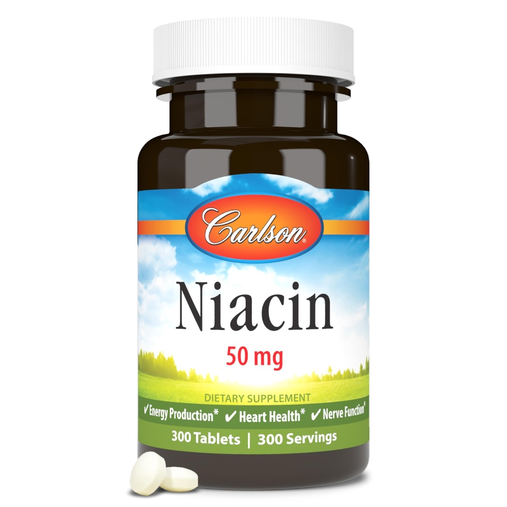 Carlson - Niacin, 50 mg의 지원 Cholesterol 대사, 에너지 생산, 심장 건강, Nerve 기능, 300의 정제
