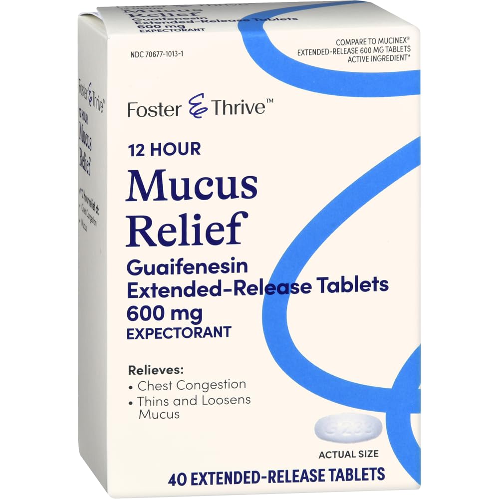 Foster & Thrive Chest Congestion Mucus Extended Release, 600 mg Guaifenesin Relieves Chest Congestion Caused Excess Mucus, (M Mucinex 12 시간 연장 릴리스에 참여), 40 정제