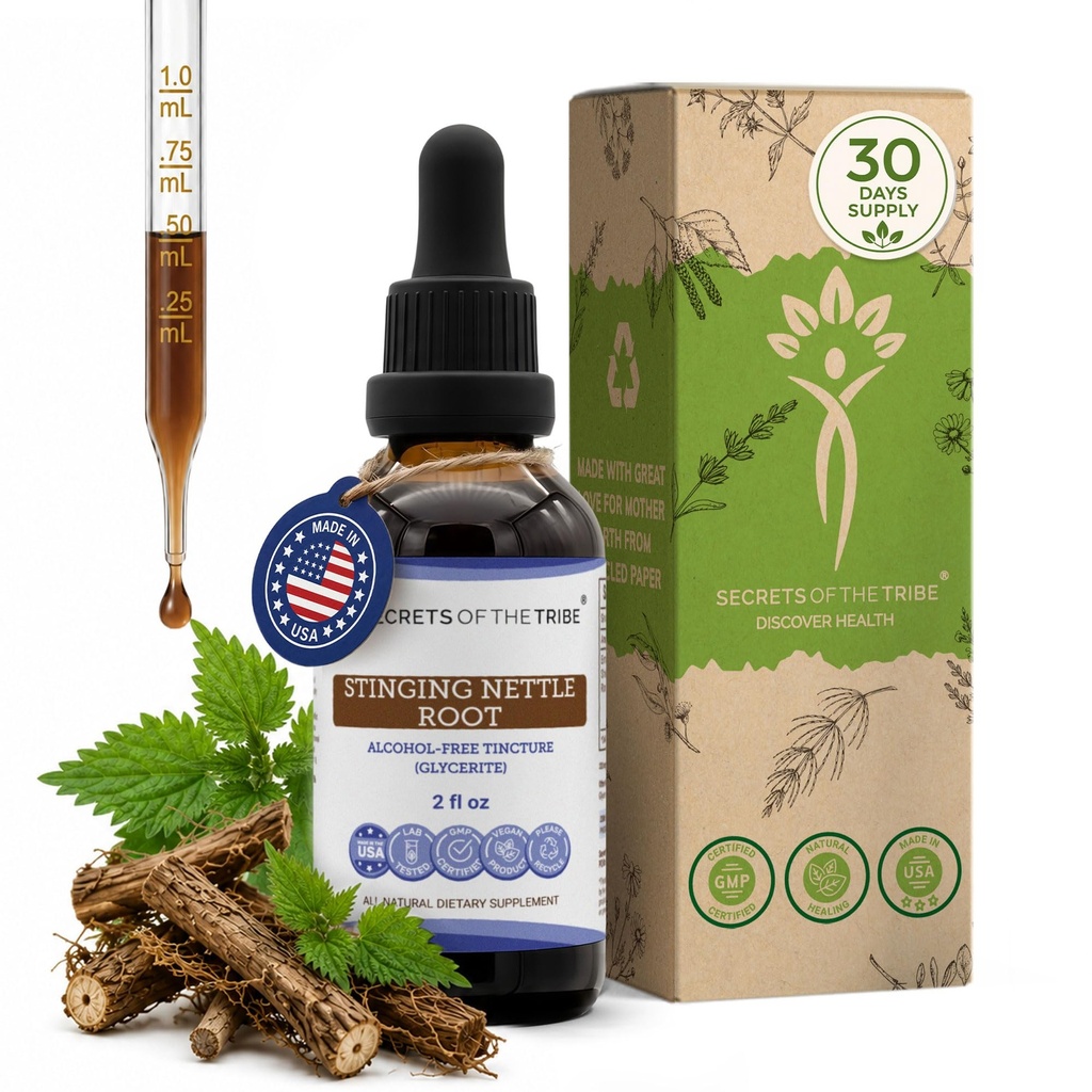 Tribe Sting Nettle Alcohol-Free Liquid Extract의 비밀, 스팅 Nettle (Urtica Dioica) 건조 루트 (2 FL OZ)