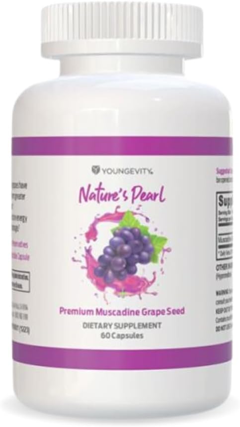 Youngevity Premium Muscadine Grape Seed - 650 mg - Nature's Pearl Antioxidant Superfood - Resveratrol, Ellagic-Acid, Quercetin, Anthocyandins 및 60 개 이상의 서빙