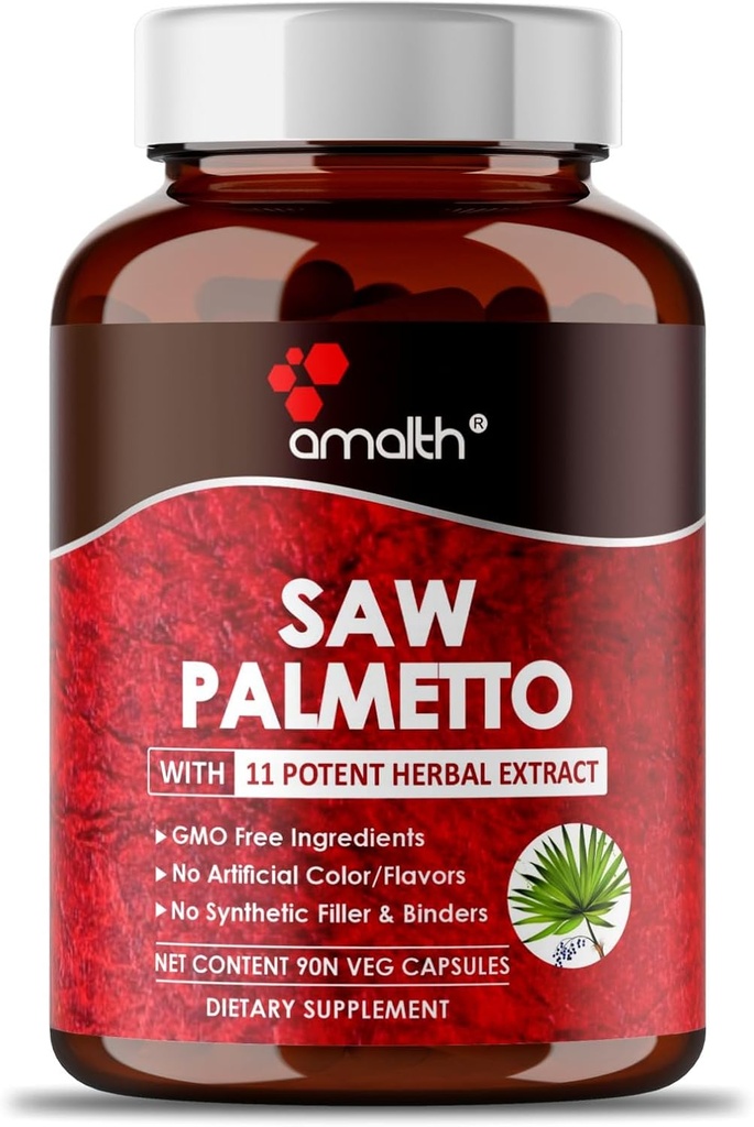 AMALTH Premium Saw Palmetto Capsule- Extra Strength Formulated with Ashwagandha, Tribulus, Ginger, Maca, Holy Basil and More Natural Prostate Support, 90 캡슐