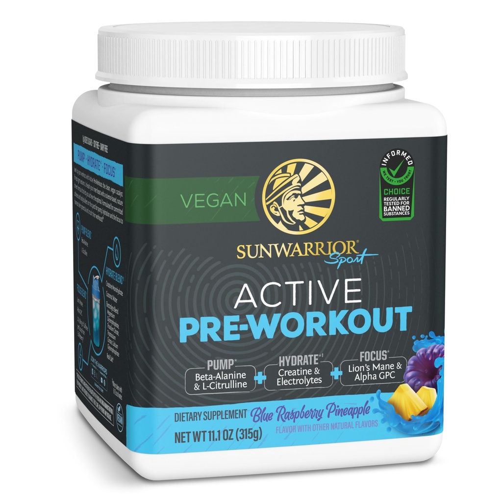 Sunwarrior Pre 운동 분말 에너지 음료 Vegan 식물 기초 보충교재 펌프, Hydrate, 초점, 내구시간, & 힘 건축업자 파란 라즈베리 파인애플 맛있은 30의 서빙 활동적인 Preworkout