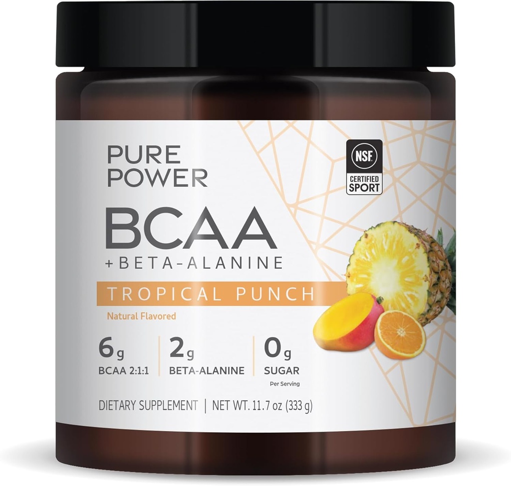 순수한 힘 BCAA + beta 알라닌, 열대 펀치 풍미, 11.7 oz (333 g), 30의 서빙, 6g BCAA, 2g beta 알라닌, 0g 설탕, 비 GMO, Mercola 박사.