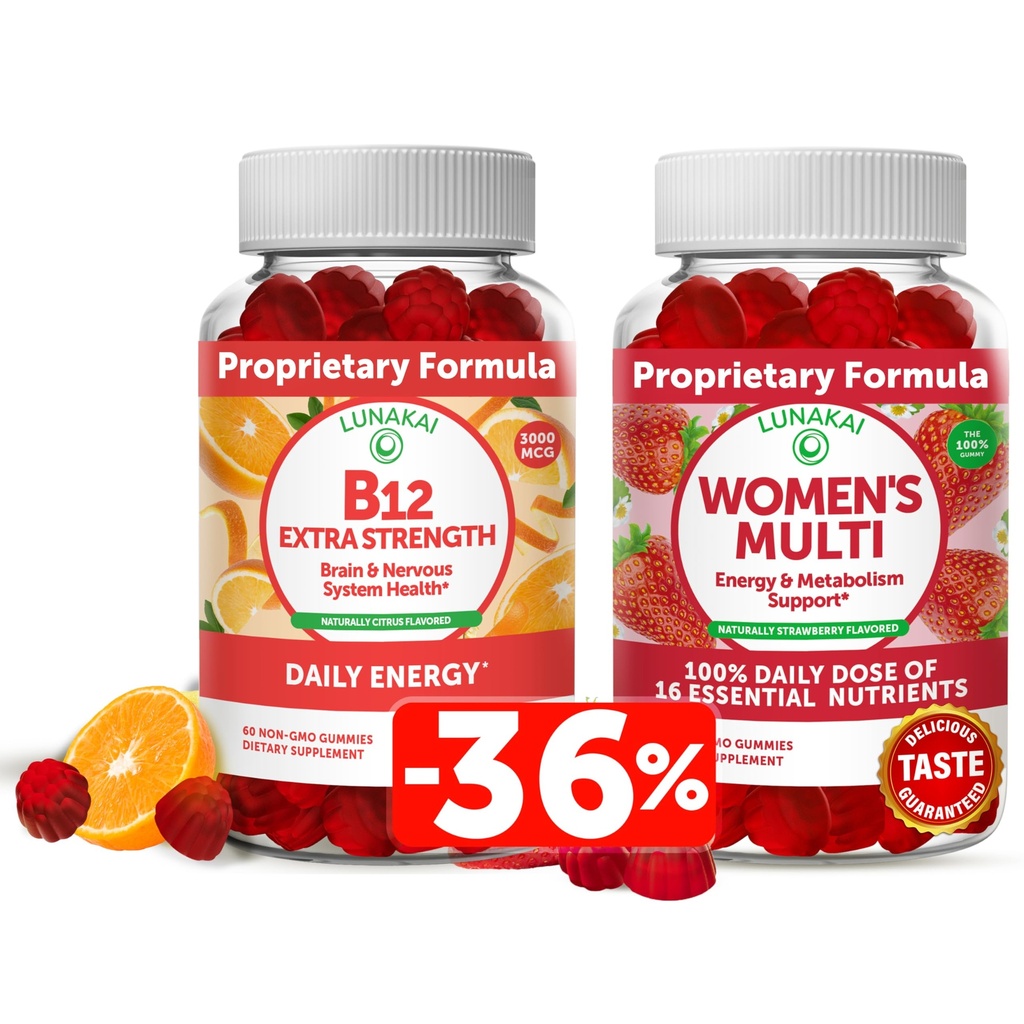 Lunakai 비타민 B12와 Women 's Multivitamin Gummies 번들 - 에너지 지원 및 뼈 건강을위한 비 GMO 및 채식 보충 - 16 필수 비타민과 미네랄의 100 % 일일 가치 - 30 일 공급