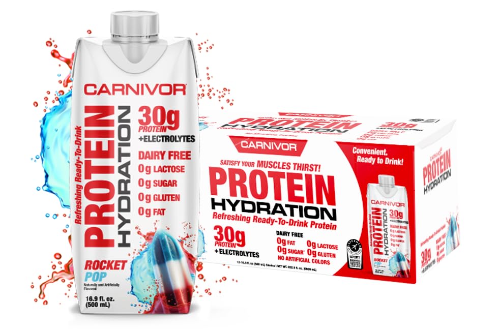 MuscleMeds Carnivor Protein Hydration RTD, 음료 준비, Lactose Free, Sugar Free, 30g Isolate Protein, Halal 인증, 로켓 팝, 16.9 Fl Oz (12 팩)