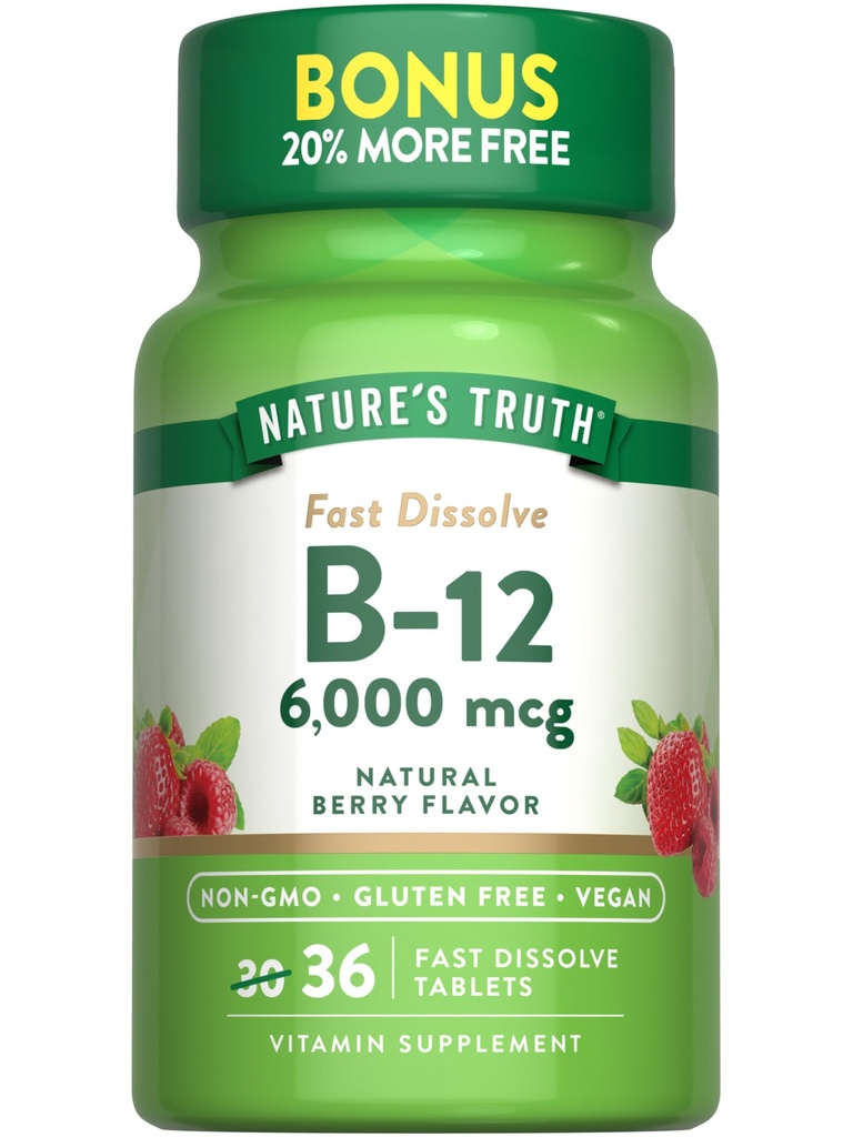 자연의 진실 B12 비타민 6000 mcg | Methylcobalamin | 36 정제 | 빠른 용해 자연적인 베리 맛 | Vegan, Non-GMO & 글루텐 무료