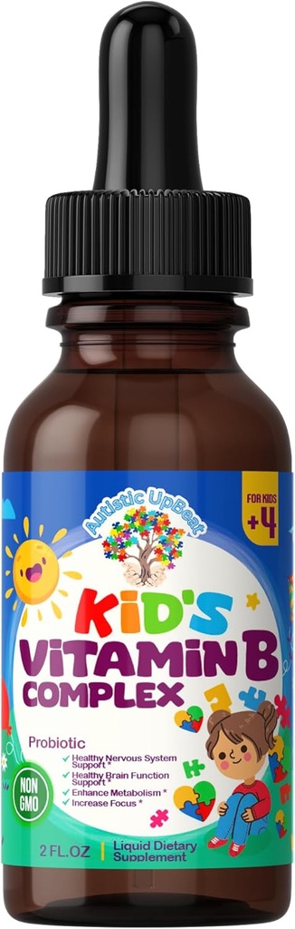 Autistic UpBeat: Kid's Vitamin B Complex | Kid-Friendly Drops | Unlfavored | B1, B2, B3, B6, B7, B9 및 메틸 B12 | 뇌 기능, 초점, 메타볼리즘 | 키즈 B Complex Liquid Drops 보충