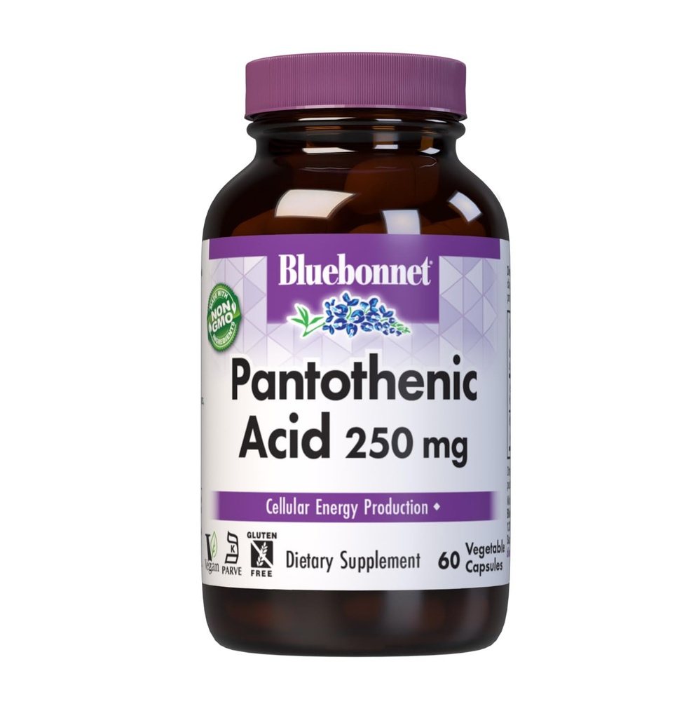 BlueBonnet 영양 Pantothenic 산 250 mg 매일 비타민 B5 여성 및 남성을위한 셀룰러 에너지 보충 - Vegan, 글루텐 - 무료, 비 GMO - 60 야채 캡슐