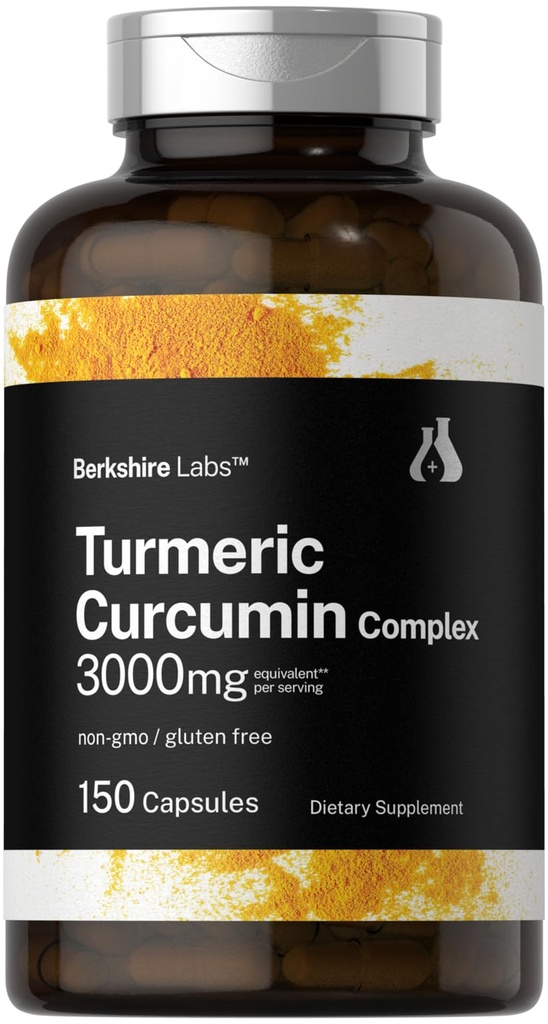 Horbäach Turmeric Curcumin 3000mg | 150 캡슐 | 검은 후추 추출물이있는 심황 보충 | Non-GMO, Gluten Free Herbal Complex | by Berkshire Labs