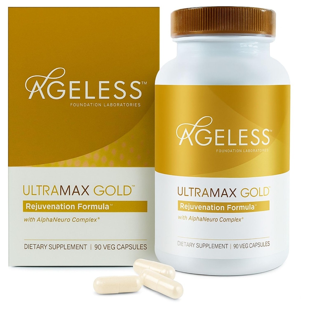 AGELESSTM: UltraMAX GoldTM 캡슐, 여자를 위한 HGH 노화 방지 보충교재, 느린 세포질 노후화, 지원 면역력, 더 매끄러운 피부 음색 및 회복 수면, 무게 관리, 90의 캡슐