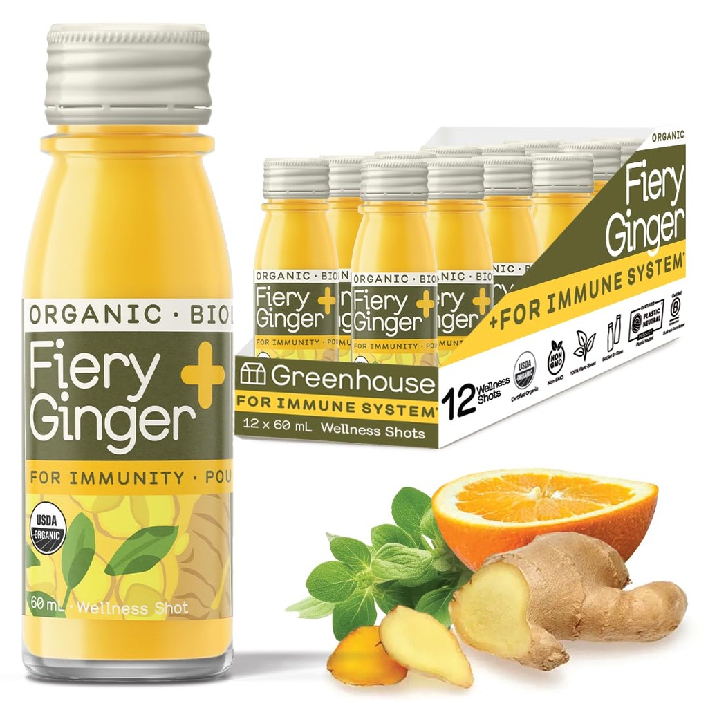 Greenhouse 주스 유기 Fiery 제빙기 웰니스 샷 12-Count 60ml 유리 병, Vegan & Gluten-Free