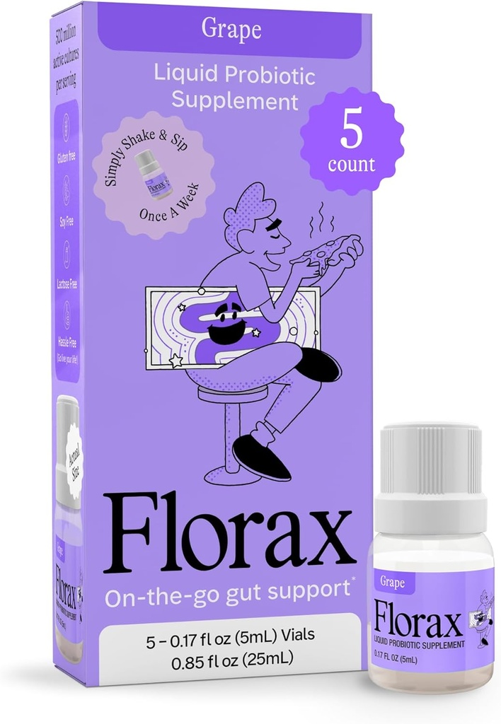 Florax - 액체 프로 바이오 틱 - 여성, 남성 및 어린이를위한 온 - 고 Gut 지원 - Vegan, Gluten 무료, Lactose 무료, Soy 무료 및 보존 무료 - 포도 맛 - 5 Vials