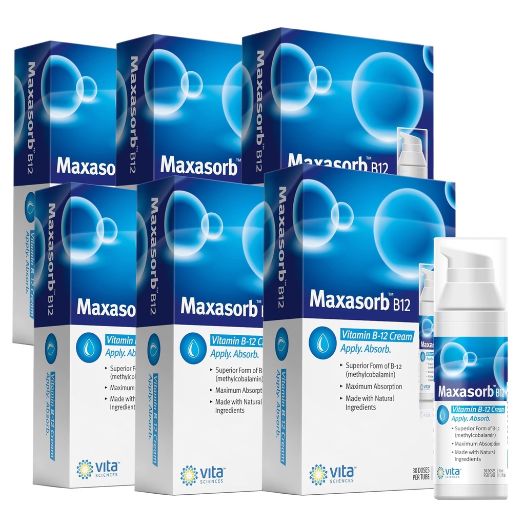 비타 과학 Maxasorb B12 비타민 B-12 크림 1000 mcg: 에너지, 건강 및 Glowing 피부를 위한 강력한 화제 Methylcobalamin - 6의 팩