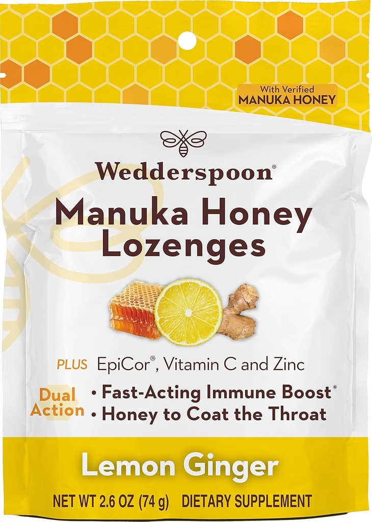 Wedderspoon Manuka 꿀 Immunity Lozenges, 레몬 생강, 2.6 Oz (팩 1), 정품 뉴질랜드 꿀, 2 시간 이내에 부스트 Immunity