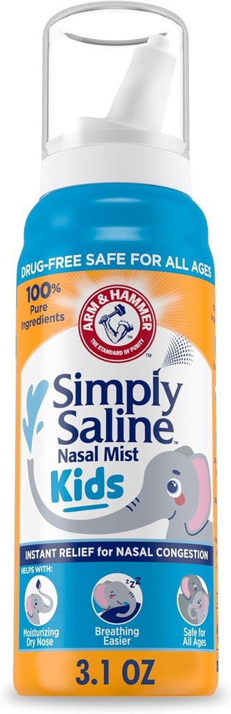 ARM & HAMMER 단순히 Saline Kids Nasal Mist, Gentle Nasal Congestion Relief 용 Saline 스프레이, 3.1 Oz