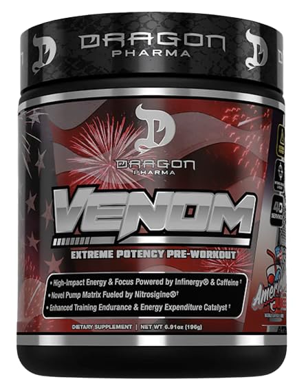 DRAGON PHARMA Venom Extreme Potency Pre-Workout, Laser Sharp Focus + Energy, Intense Performance, 향상된 Vasodilation 및 Endurance (40 서빙, 미국 주스)에 대한 입증 된 성분
