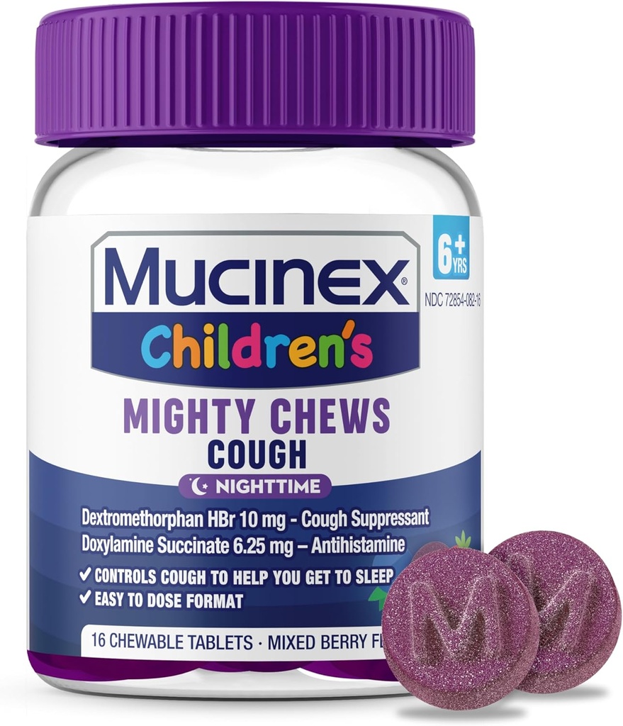 Mucinex 아이들의 마이티 Chews 야간 어린이 기침 의학, Dextromethorphan와 함께 Dose Cough Suppressant, 기침을 위한 아이 여행 약, 혼합 Berry 풍미, 16 Medicated Chewable 정제