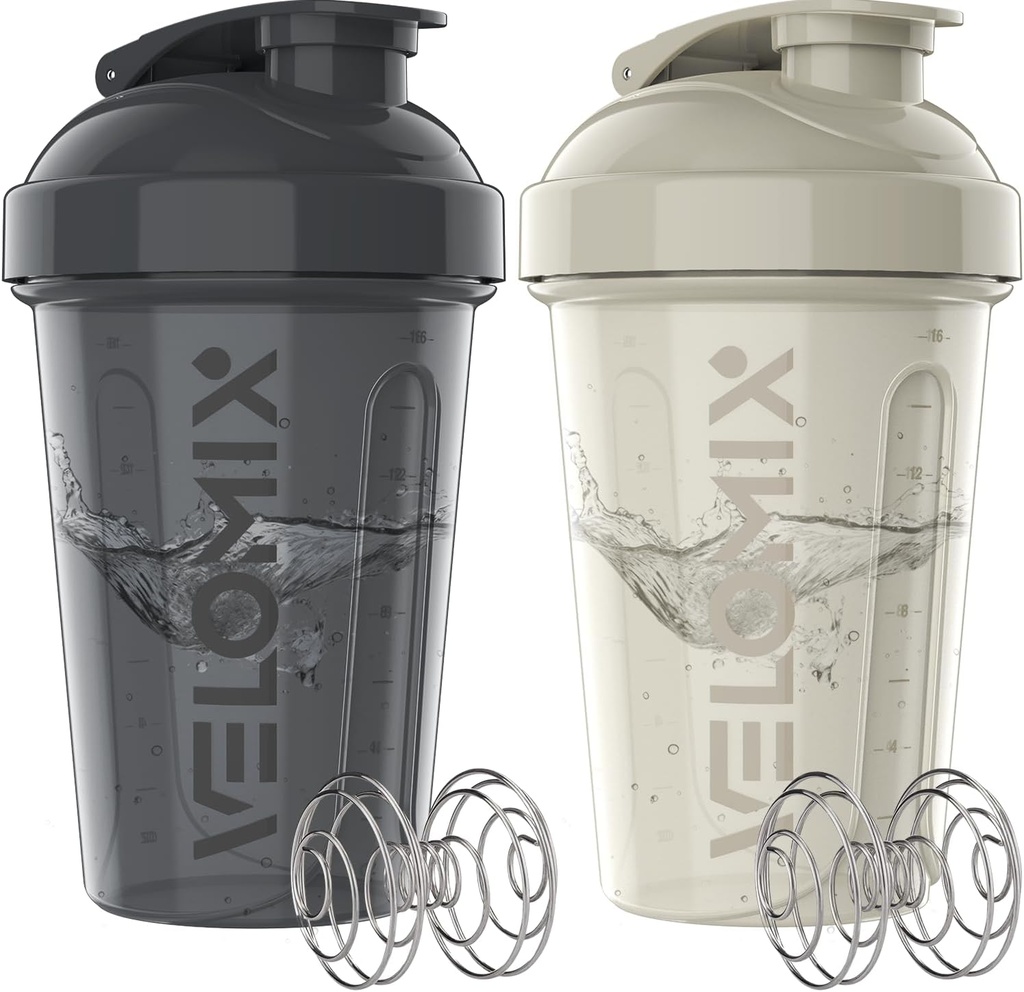 VELOMIX -2 Pack- 20 oz Protein Shaker Bottles for Protein Mixes - 2x Wire Whisk | 단백질 쉐이크 및 사전 운동 용 누출 방지 쉐이커 컵 | 단백질 쉐이커 병 팩 (Gray / White)
