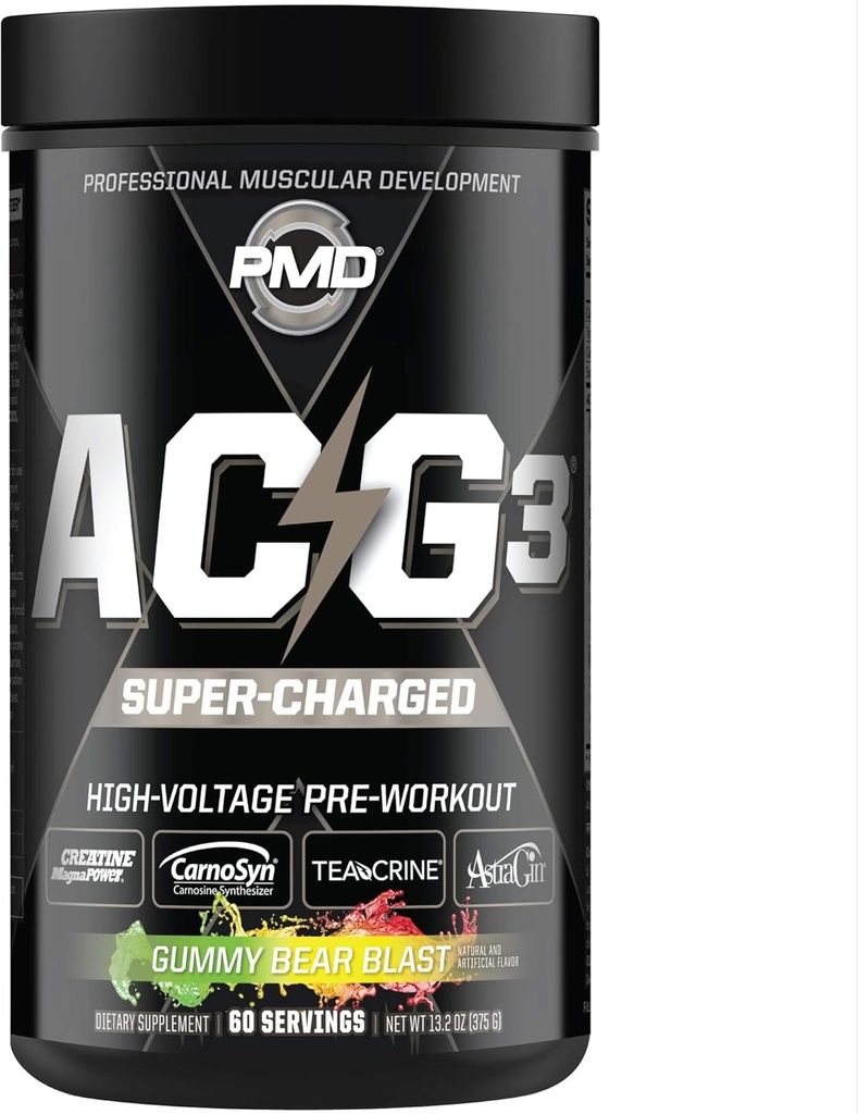 PMD Sports ACG3 Supercharged - Pre Workout - 강력한 힘, 높은 에너지, 남성 초점, 내구력 및 남성 및 여성을위한 최적의 운동 성능 극대화 - Gummy Bear Blast (60 서빙)