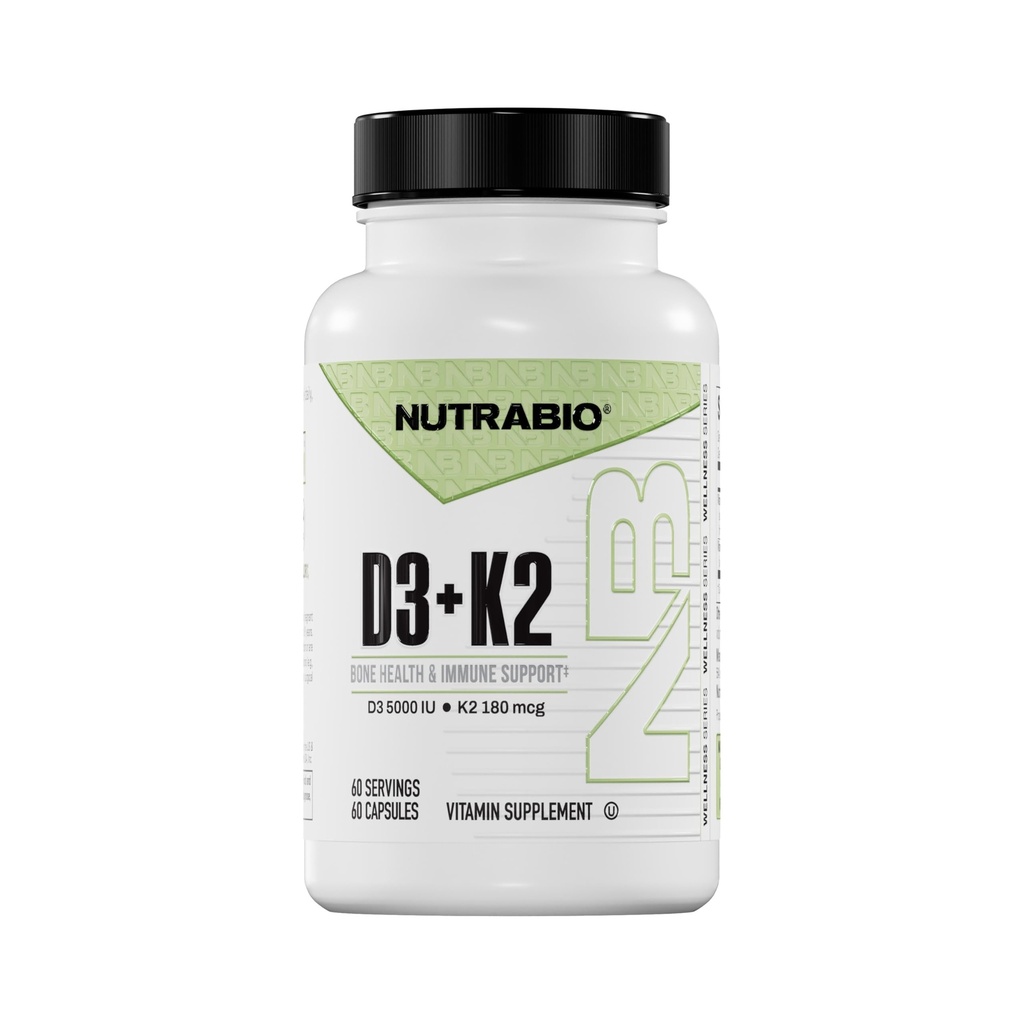 NutraBio 비타민 D3 K2 | 5000 IU D3 as Cholecalciferol with Vitamin K2 as MENA-Q MK7 (180mcg) | 지원 뼈와 심장 건강 | 비 GMO, 글루텐 프리, 락토스 프리 | 60 식물성 캡슐