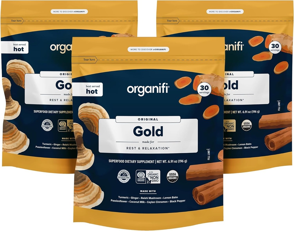 Organifi: 금 - Superfood 보충교재 분말 - 90의 서빙 (3 팩) - 긴장 지원, 더 나은 나머지, 릴랙션 및 승진 나머지 수면 - 심황과 Reishi 주입