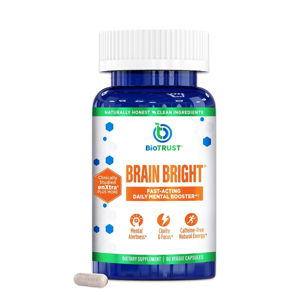 BioTrust Brain Bright – Focus, Concentration, Mental Clarity – Caffeine Free Nootropics Brain Support Supplement – 태국 Ginger, Ginkgo, Folate, L-Theanine – 30 서빙