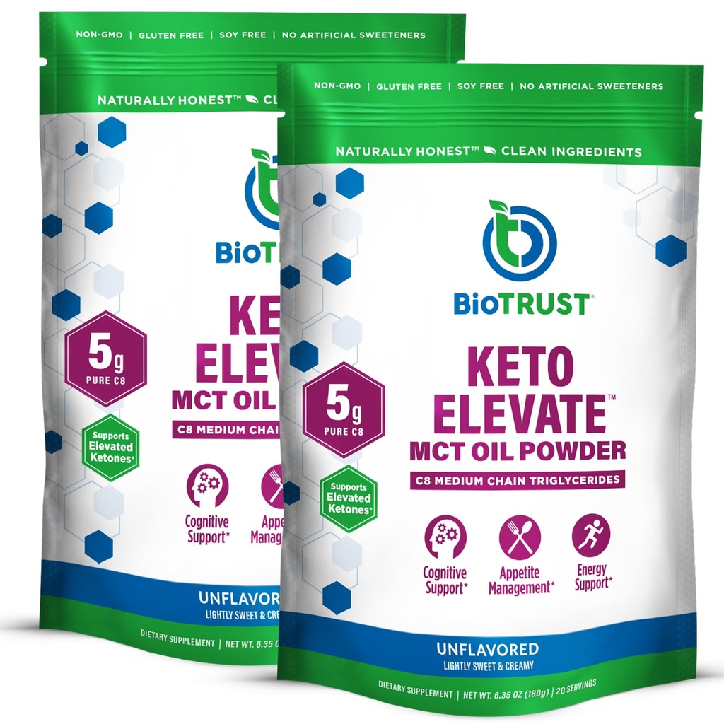 BioTrust Keto Elevate – C8 MCT 오일 분말 – Ketogenic MCT 커피 크림, Keto 커피 크림 – 청정 에너지, 정신 초점 & Clarity – 100% Caprylic 산 MCT 분말, 비 GMO (Unflavored, 40 서빙)