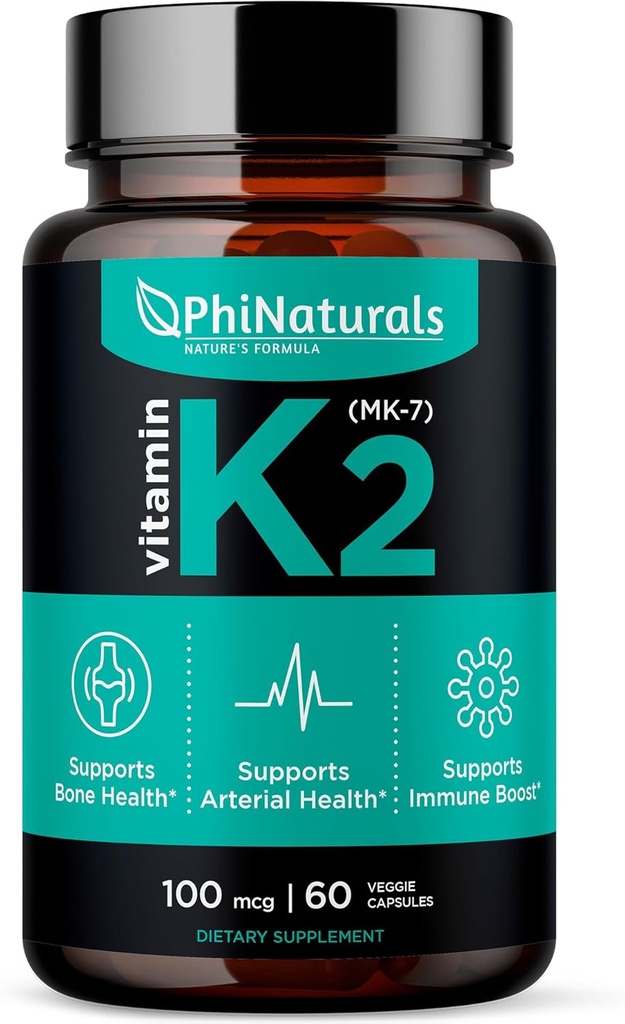 PhiNaturals 비타민 K2 Mk7 100 mcg Vegan 60 캡슐 뼈 건강 심장 혈관 동맥 - Natto에서 VIT k-2 MK-7 100mcg 보충교재