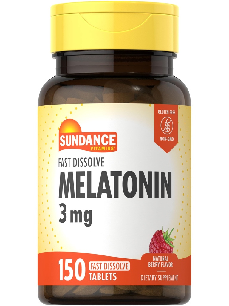 Sundance Melatonin 빠른 용해 | 3mg | 150 빠른 용해 정제 | 천연 베리 맛 | 채식주의, 비 GMO 및 글루텐 무료 보충
