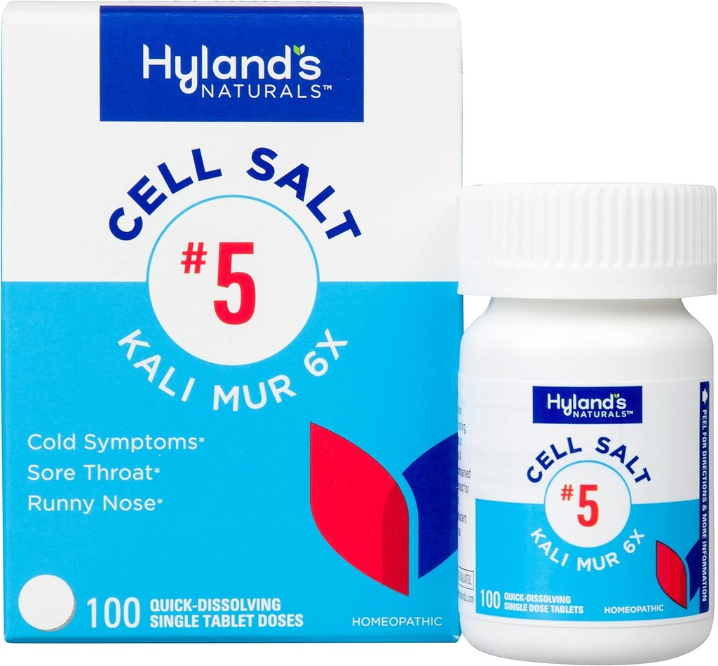 Hyland의 No. 5 Cell Salt Kali Mur 6X Tablets, Cold Medicine 및 Sore Throat Relief, Colds, Sore Throats, Runny Nose 및 Burns, Quick Dissolve Tablets, 100 Count의 자연 치료