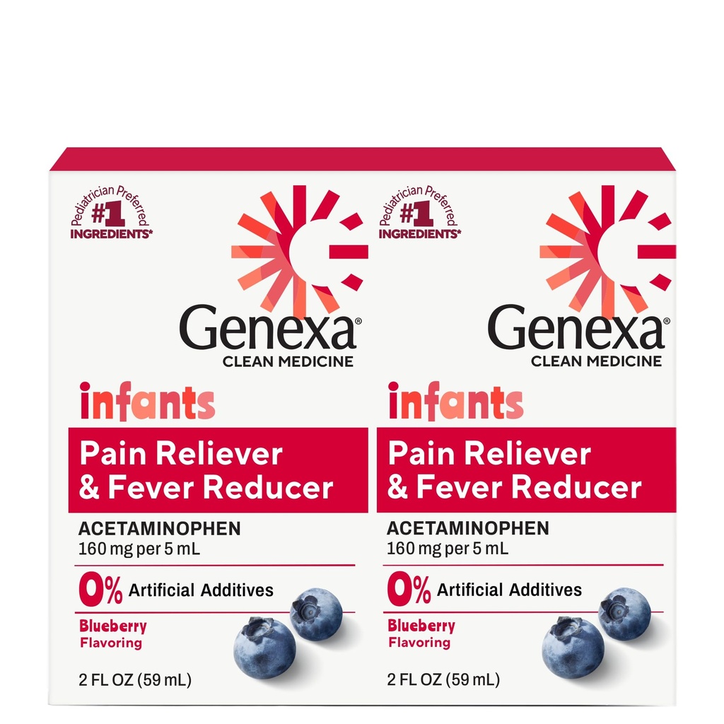 Genexa Infants' Clean Acetaminophen | 소아과 선호하는 성분 | 아기를 위한 진통제 및 발열기 | 염료 무료, 0% 인공 첨가물 | 유기농 블루베리 맛, 4 fl oz (2 팩)