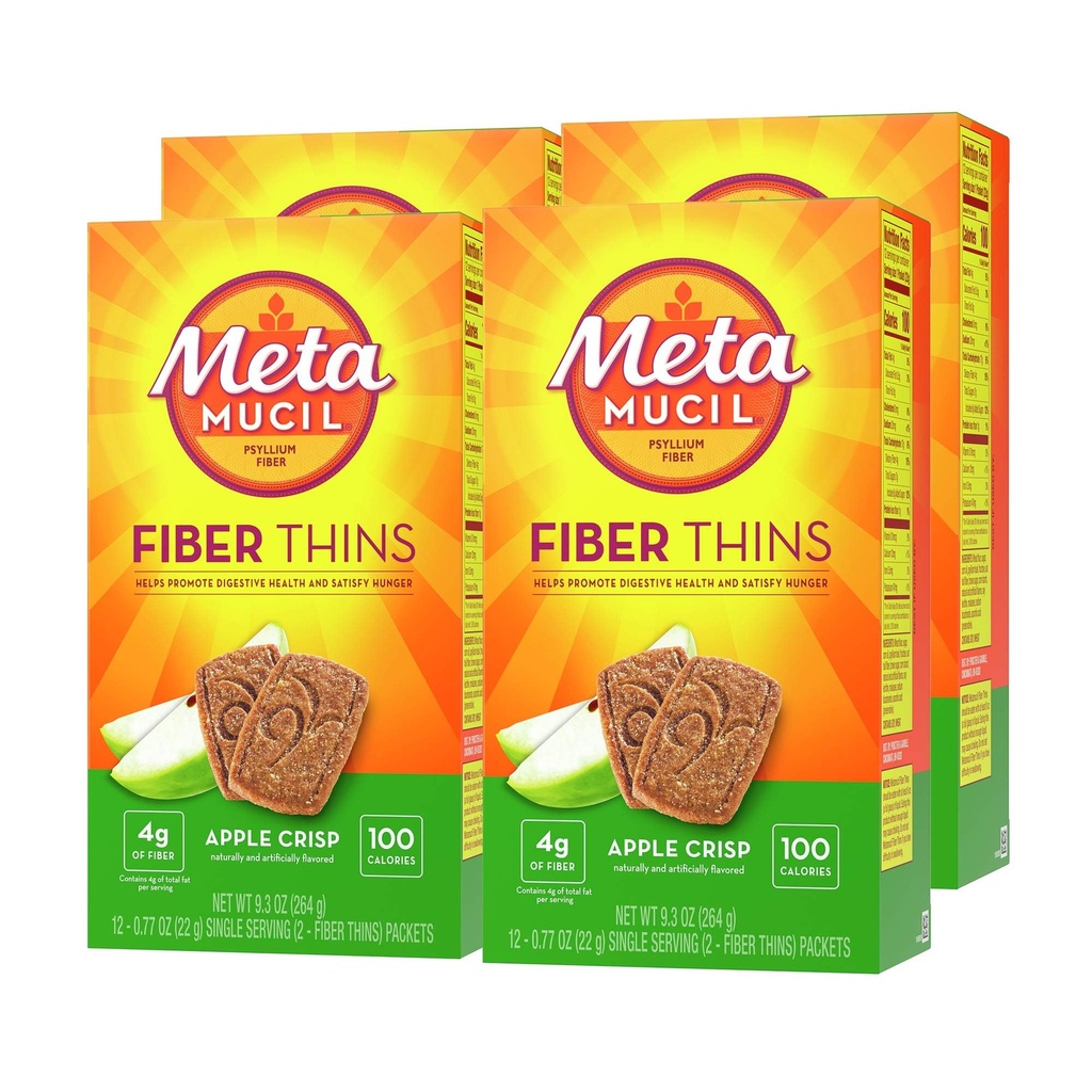 Metamucil, Fiber Thins, Daily Psyllium Husk Fiber Supplement, Digestive Health and Satisfies Hunger, Apple Crisp flavor, 48 총 서빙 (4 팩 12)