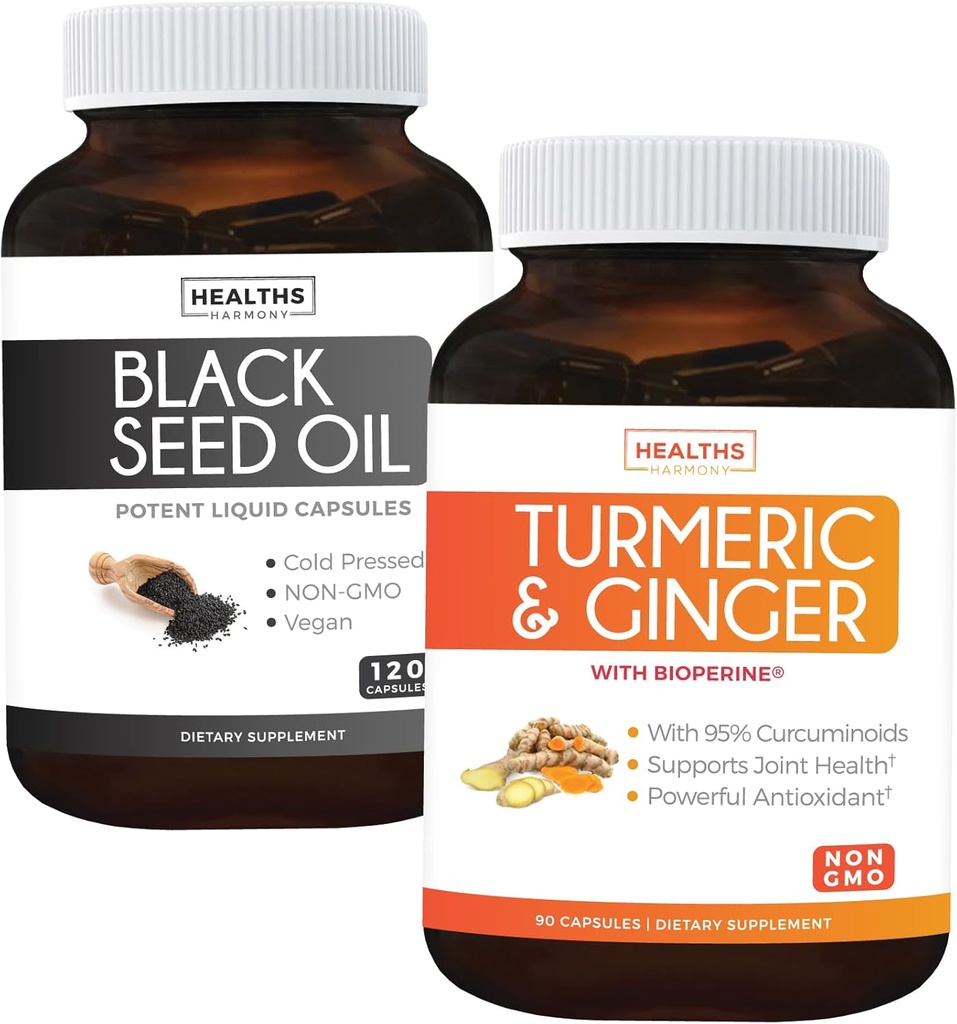 Turmeric & Ginger & Black Seed Oil의 번들 - Golden Harmony Blend - 95 % Curcuminoids 및 Bioperine (90 캡슐) 및 Black Seed Oil (Non-GMO) 100 % Cold-Pressed Cumin Seed Oil과 Turmeric & Ginger