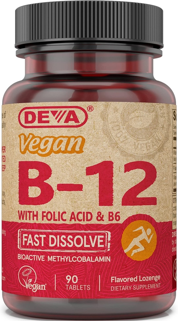 DEVA Vegan 비타민 B12 빠른 용해 보충교재 - 1000 Mcg Methylcobalamin B12, Folic 산, B6 - 레몬 맛 - 90의 Dissolvable 정제,