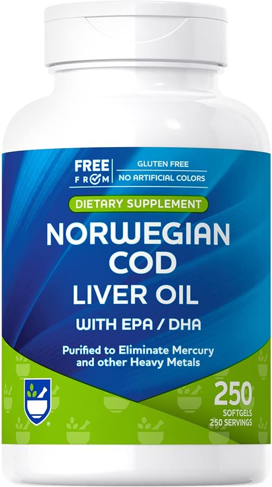 Rite Aid Cod Liver Oil Softgels 250 Count, EPA 및 DHA, 심장, 뇌 및 비전 건강 지원
