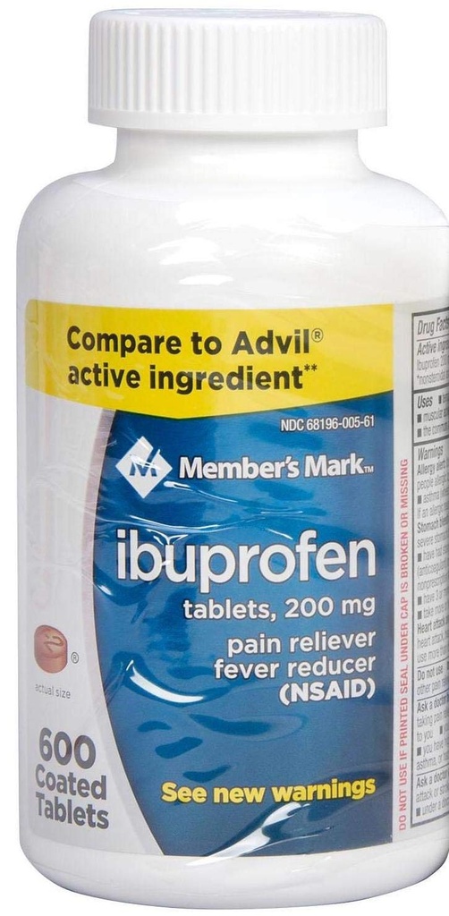 회원 마크 Ibuprofen 코팅 정제 200mg 통증 Reliever Fever 흡진기, 1 병, 600 정제