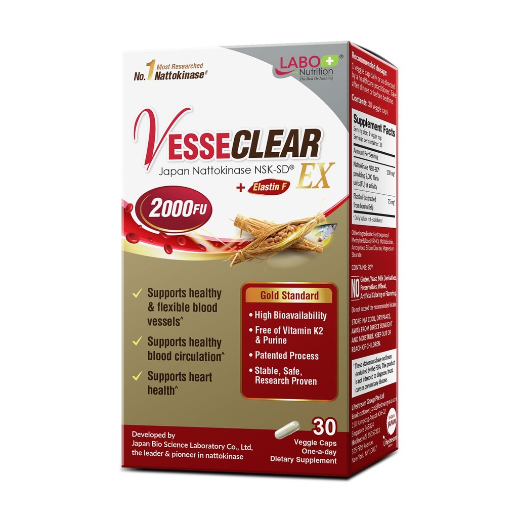 LABO 영양 VesseCLEAR EX: Nattokinase NSK-SD+Elastin F for Clean & Flexible Blood Vessel. 일본 대부분의 연구 입증, 기능성 복용량, 산성 민감성 / 지연 릴리스 캡슐