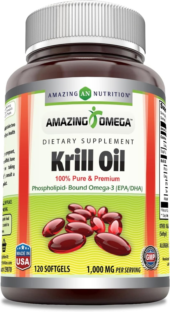 오메가 3s EPA, DHA, Phospholipids 및 Astaxanthin 1000 Mg와 놀라운 오메가 크릴 오일 120 softgels 보충 | 비 GMO | 글루텐 프리