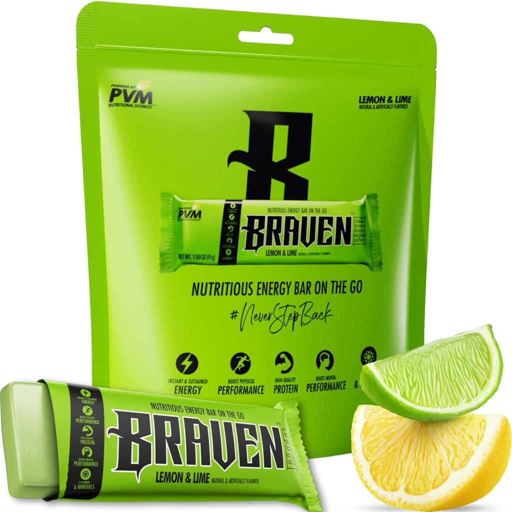 Braven Bar Lemon Lime Energy Bars (1.59 oz, 10 팩) - 5g Protein이있는 에너지 Chews - 운영, 하이킹 및 스포츠를위한 On-the-Go Energy Snacks - 지속 에너지 부스트를위한 글루텐 무료 스낵